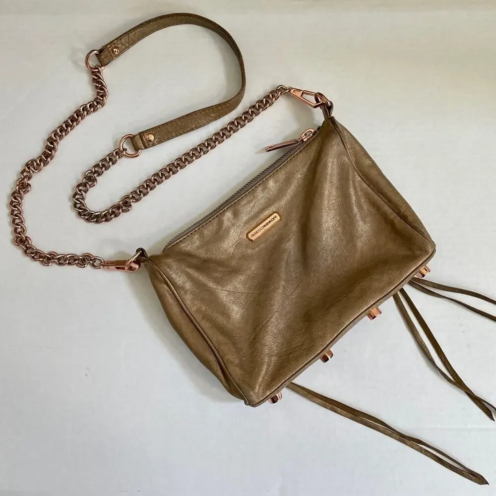 Rebecca Minkoff Gold Leather Zippered Convertible Crossbody Shoulder Purse